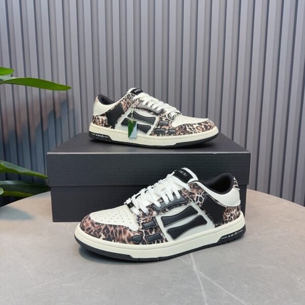 AMR Skel Leather Trainers – White with Leopard Print Textile Panels