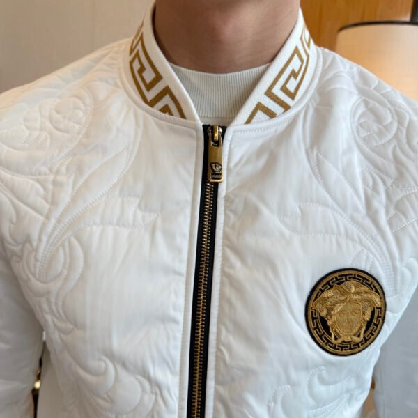 VRSC Medusa Head Embroidered Logo Greek Key Bomber Jacket – White