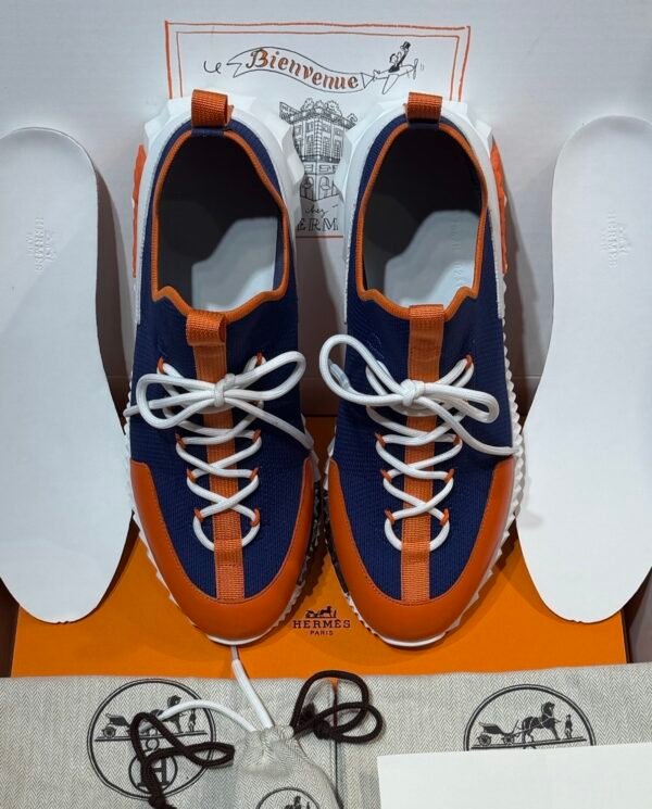 HRMS Knit & Leather Low-Top Trainers – Blue with Orange Stripe