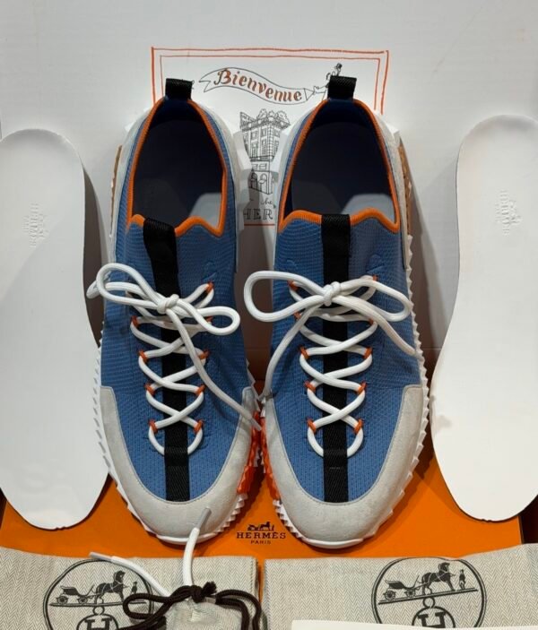 HRMS Knit & Suede Low-Top Trainers – Blue with Black Stripe