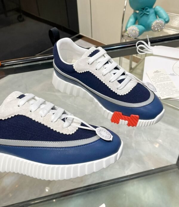 HRMS Low-Top Knit & Leather Chunky Sole Trainers – Navy Blue & White