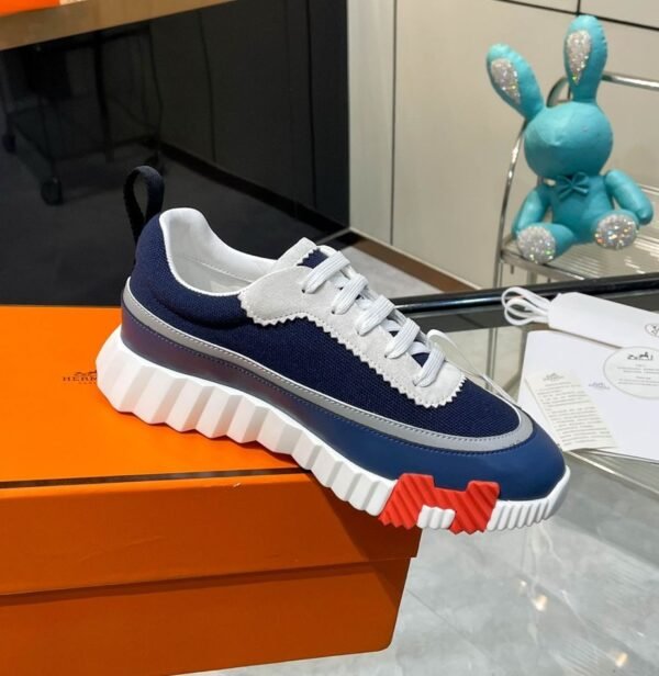 HRMS Low-Top Knit & Leather Chunky Sole Trainers – Navy Blue & White