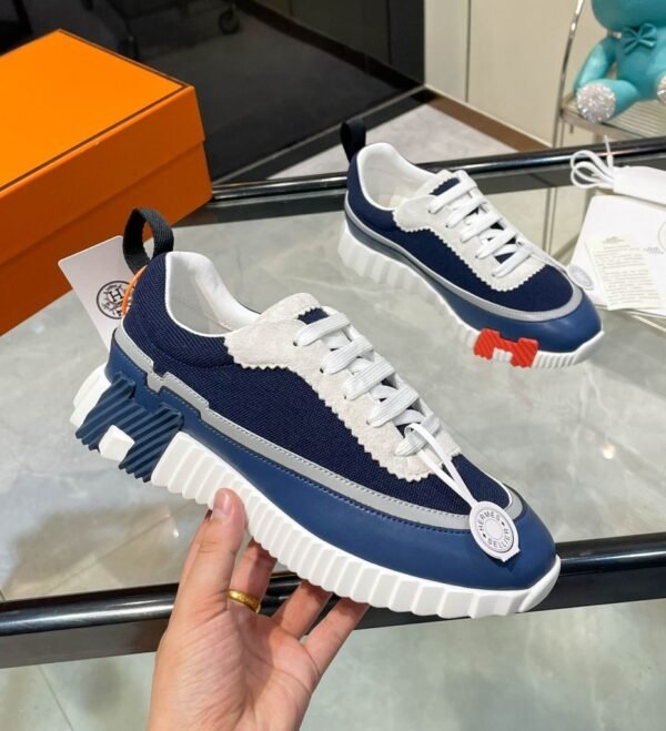 HRMS Low-Top Knit & Leather Chunky Sole Trainers – Navy Blue & White