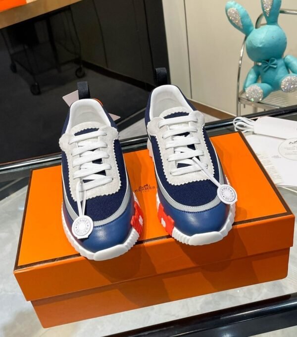 HRMS Low-Top Knit & Leather Chunky Sole Trainers – Navy Blue & White