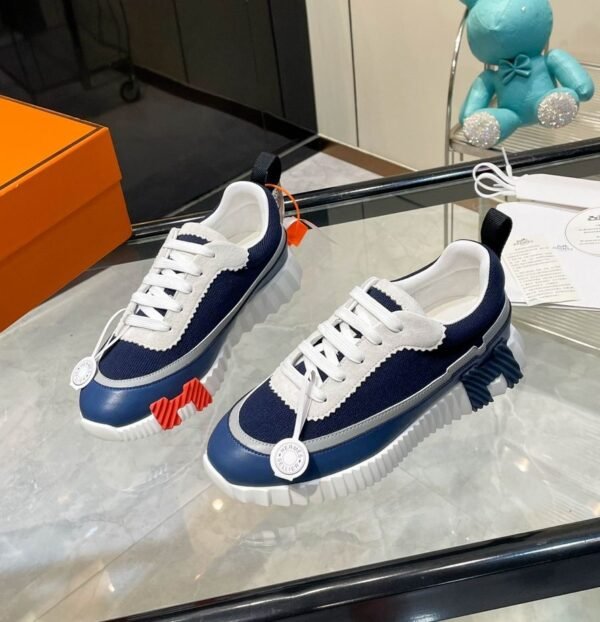 HRMS Low-Top Knit & Leather Chunky Sole Trainers – Navy Blue & White