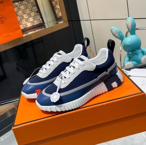 HRMS Low-Top Knit & Leather Chunky Sole Trainers – Navy Blue & White