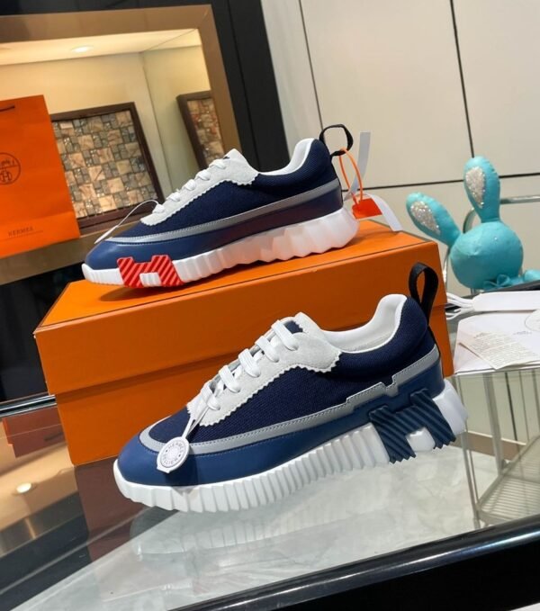 HRMS Low-Top Knit & Leather Chunky Sole Trainers – Navy Blue & White