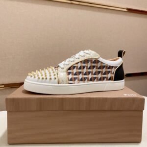 CLB Trainers with Studded Toe and Check Side Panels - White/Gold