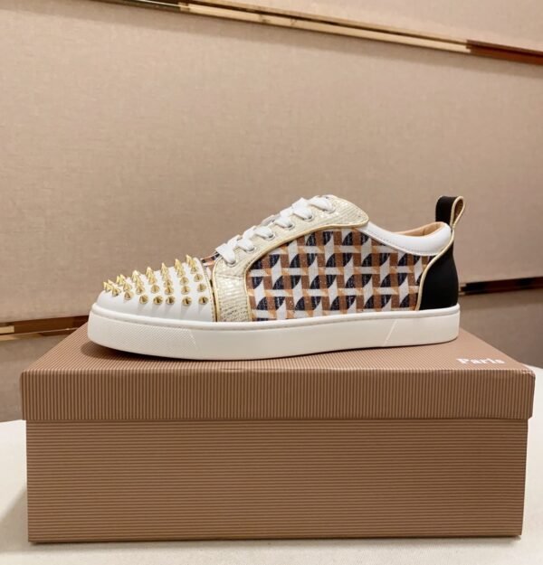 CLB Trainers with Studded Toe and Check Side Panels - White/Gold