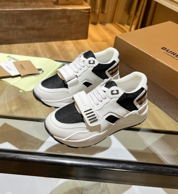 BRBY Trainers with Check Heel Panel and Strap - White/Black