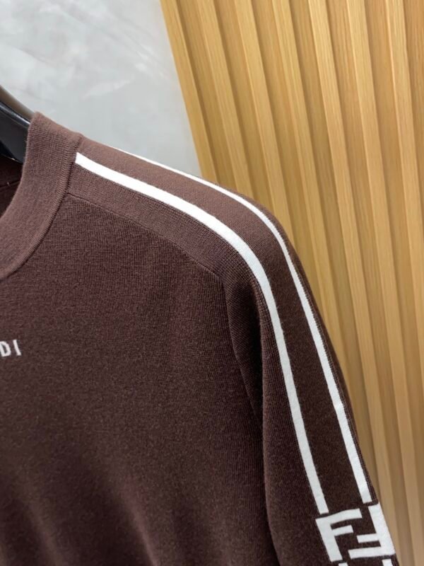 ee22394a FND Crew Neck Jumper with Contrast Sleeve Stripe Detail - Brown