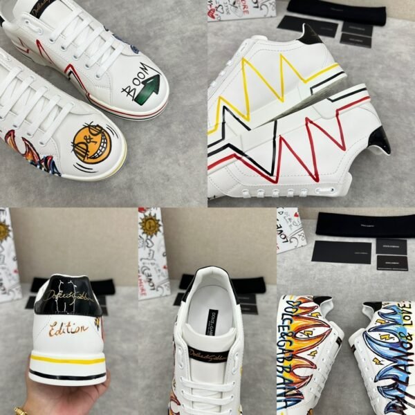 DG White Low-Top Trainers with Multicolour Graphic Prints