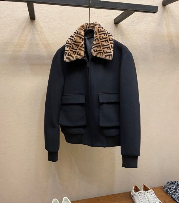 FND Zip-Up Jacket with Faux Fur Monogram Collar - Black